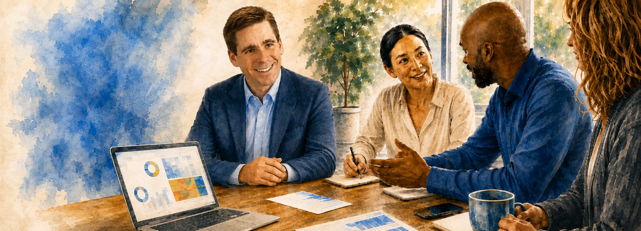 Watercolor illustration of a diverse business team collaborating around a table